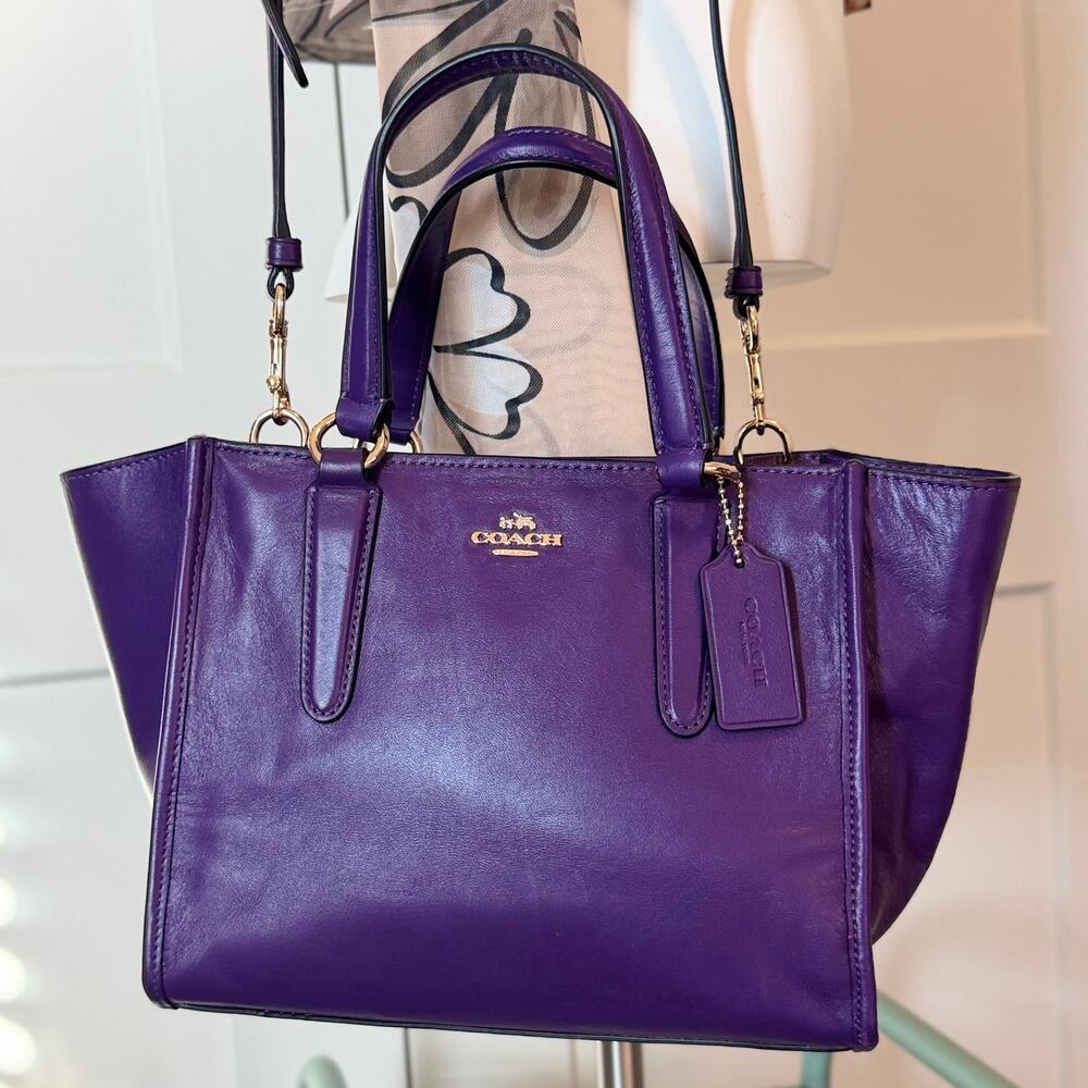 Coach Purple Leather Crosby Mini Carryall Satchel; Elegant Structured Handbag